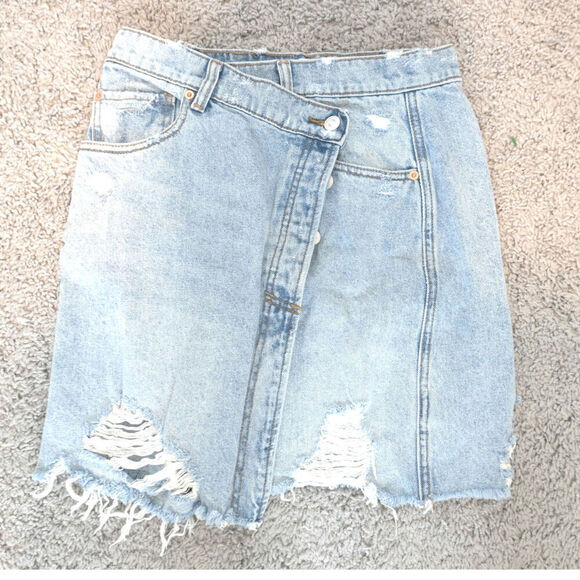 Free People Parker Asymmetrical Criss Cross Demin Wrap Skirt 28 - Picture 2 of 5